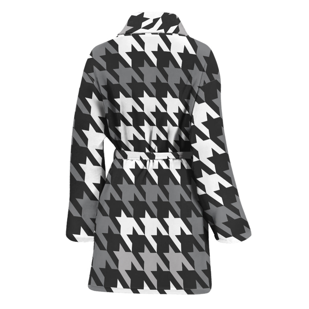 Grey Houndstooth Pattern Print Women's Bathrobe