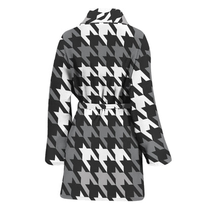 Grey Houndstooth Pattern Print Women's Bathrobe