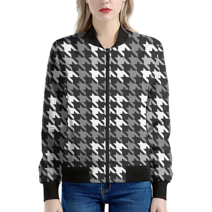 Grey Houndstooth Pattern Print Women's Bomber Jacket