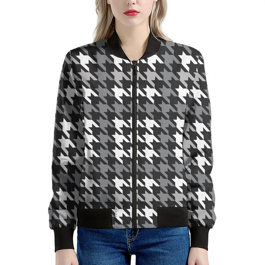 Grey Houndstooth Pattern Print Women's Bomber Jacket