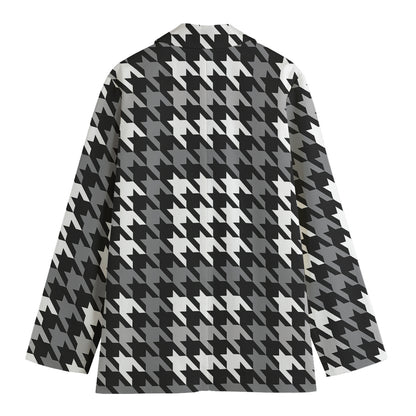 Grey Houndstooth Pattern Print Women's Cotton Blazer