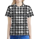 Grey Houndstooth Pattern Print Women's Polo Shirt