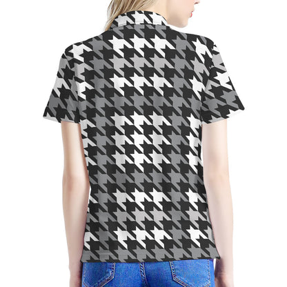Grey Houndstooth Pattern Print Women's Polo Shirt