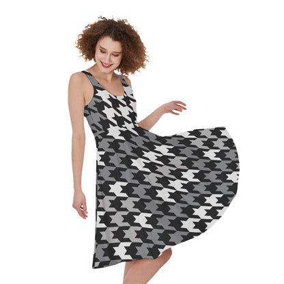 Grey Houndstooth Pattern Print Women's Sleeveless Dress