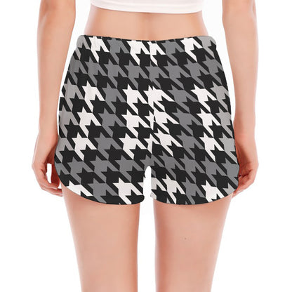 Grey Houndstooth Pattern Print Women's Split Running Shorts