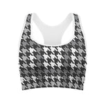 Grey Houndstooth Pattern Print Women's Sports Bra