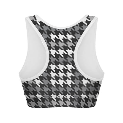 Grey Houndstooth Pattern Print Women's Sports Bra