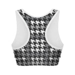 Grey Houndstooth Pattern Print Women's Sports Bra