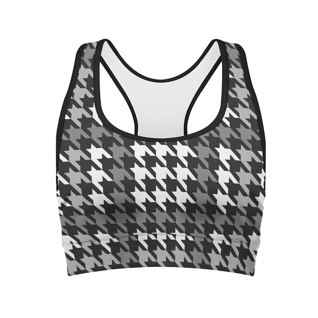 Grey Houndstooth Pattern Print Women's Sports Bra