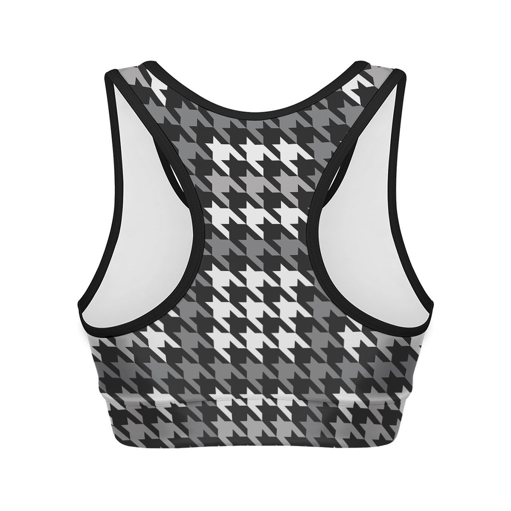 Grey Houndstooth Pattern Print Women's Sports Bra