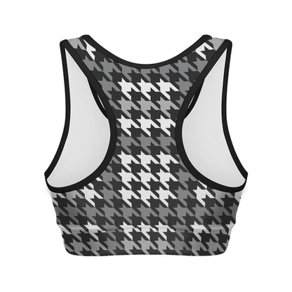 Grey Houndstooth Pattern Print Women's Sports Bra