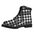 Grey Houndstooth Pattern Print Padded Collar Lace Up Boots
