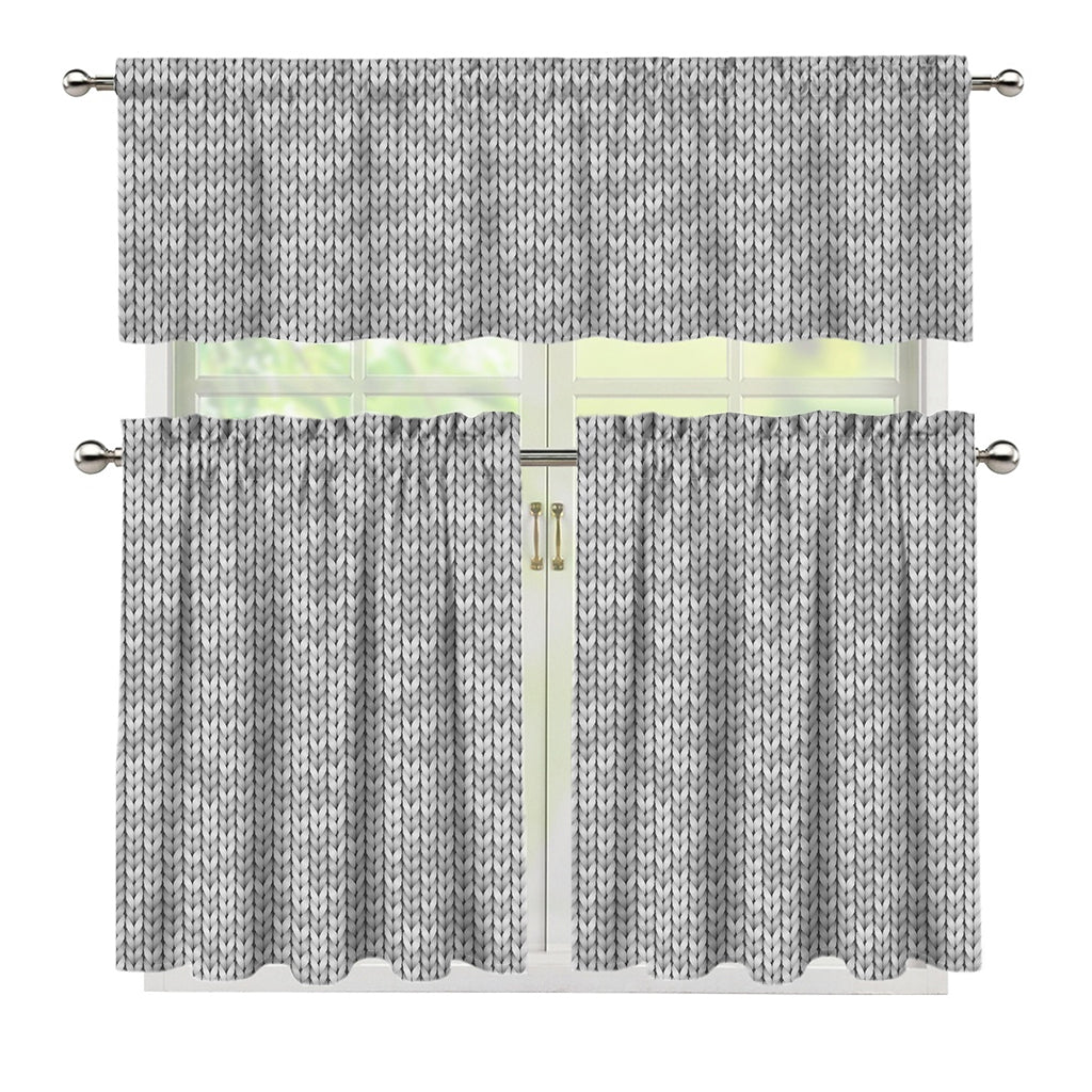 Grey Knitted Pattern Print 3 Piece Kitchen Curtains