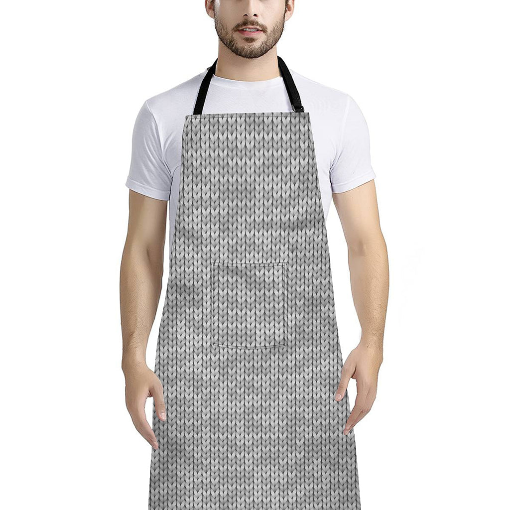 Grey Knitted Pattern Print Bib Apron With Pocket