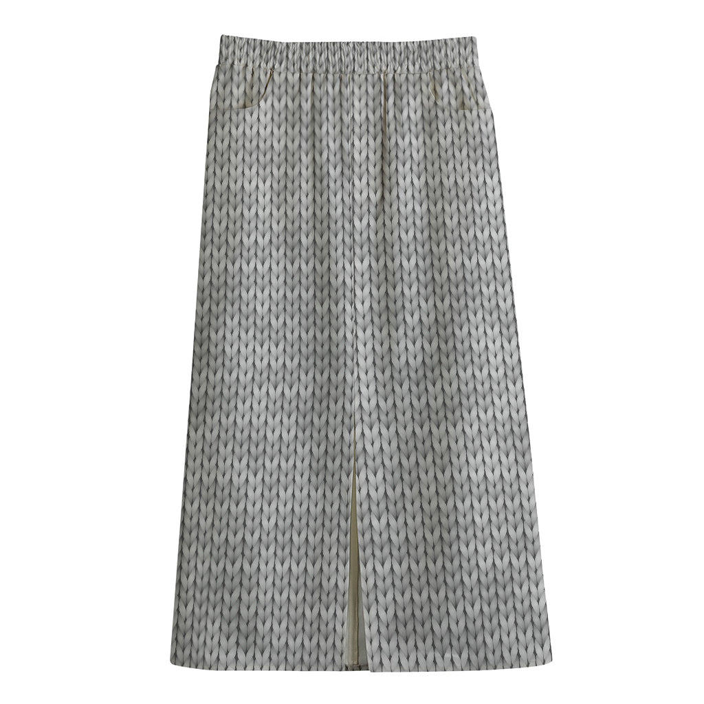 Grey Knitted Pattern Print Cotton Front Slit Maxi Skirt