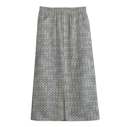 Grey Knitted Pattern Print Cotton Front Slit Maxi Skirt