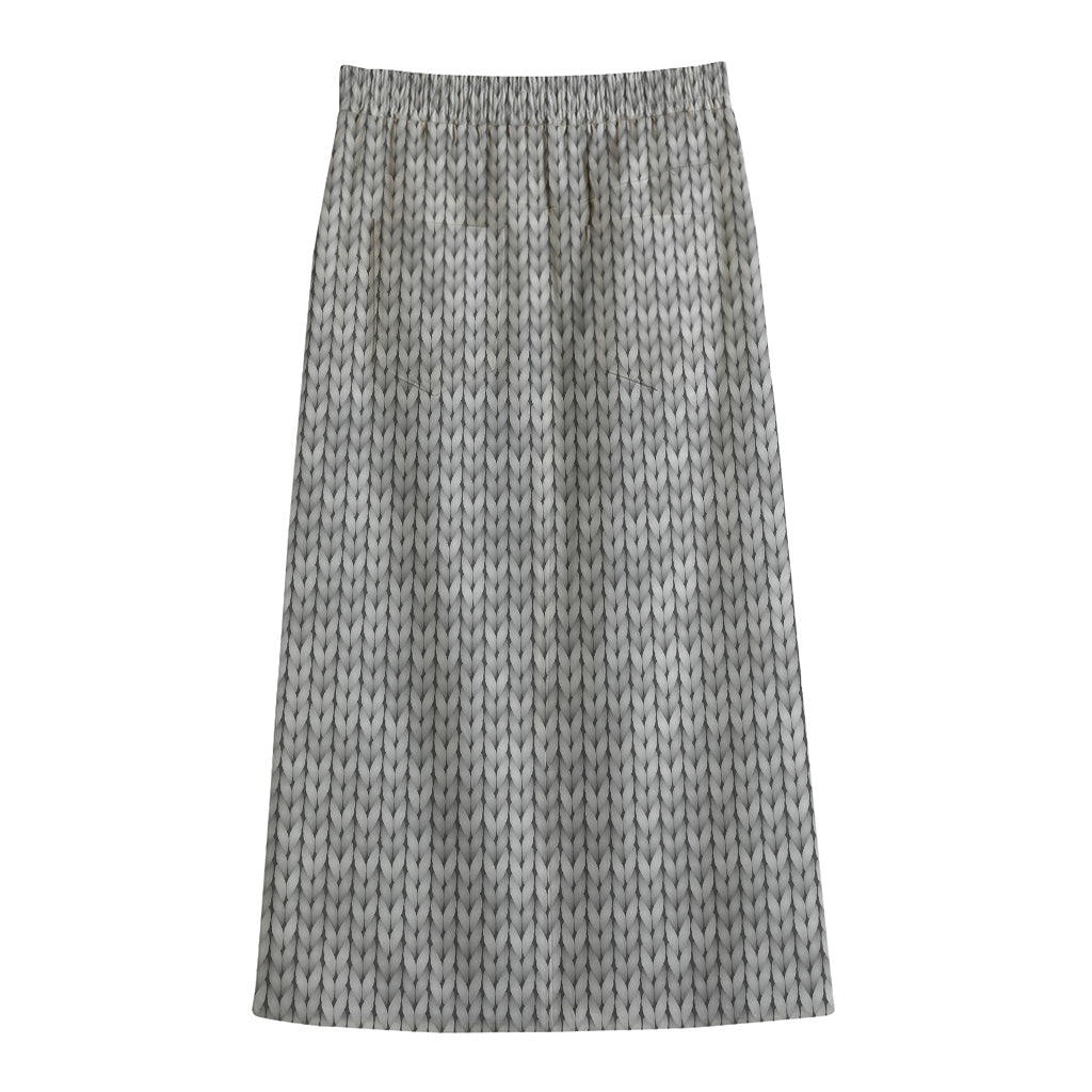Grey Knitted Pattern Print Cotton Front Slit Maxi Skirt