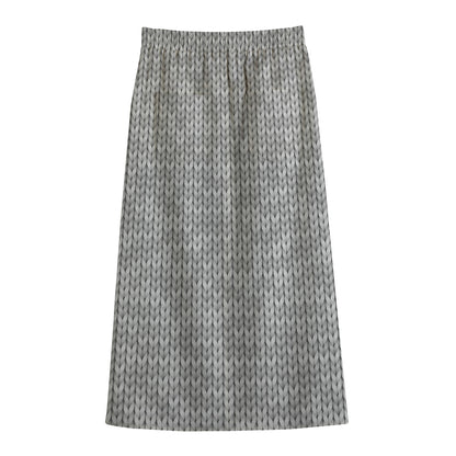 Grey Knitted Pattern Print Cotton Front Slit Maxi Skirt