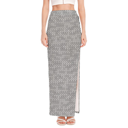 Grey Knitted Pattern Print High Slit Maxi Skirt