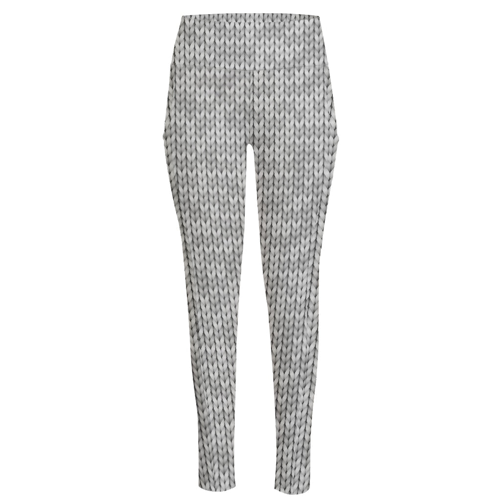 Grey Knitted Pattern Print High-Waisted Pocket Leggings
