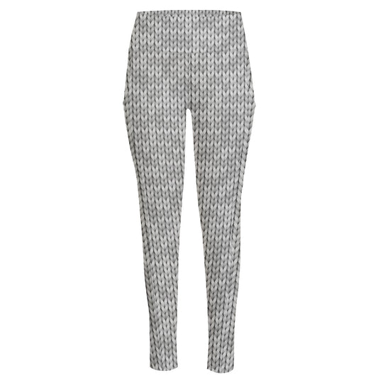 Grey Knitted Pattern Print High-Waisted Pocket Leggings