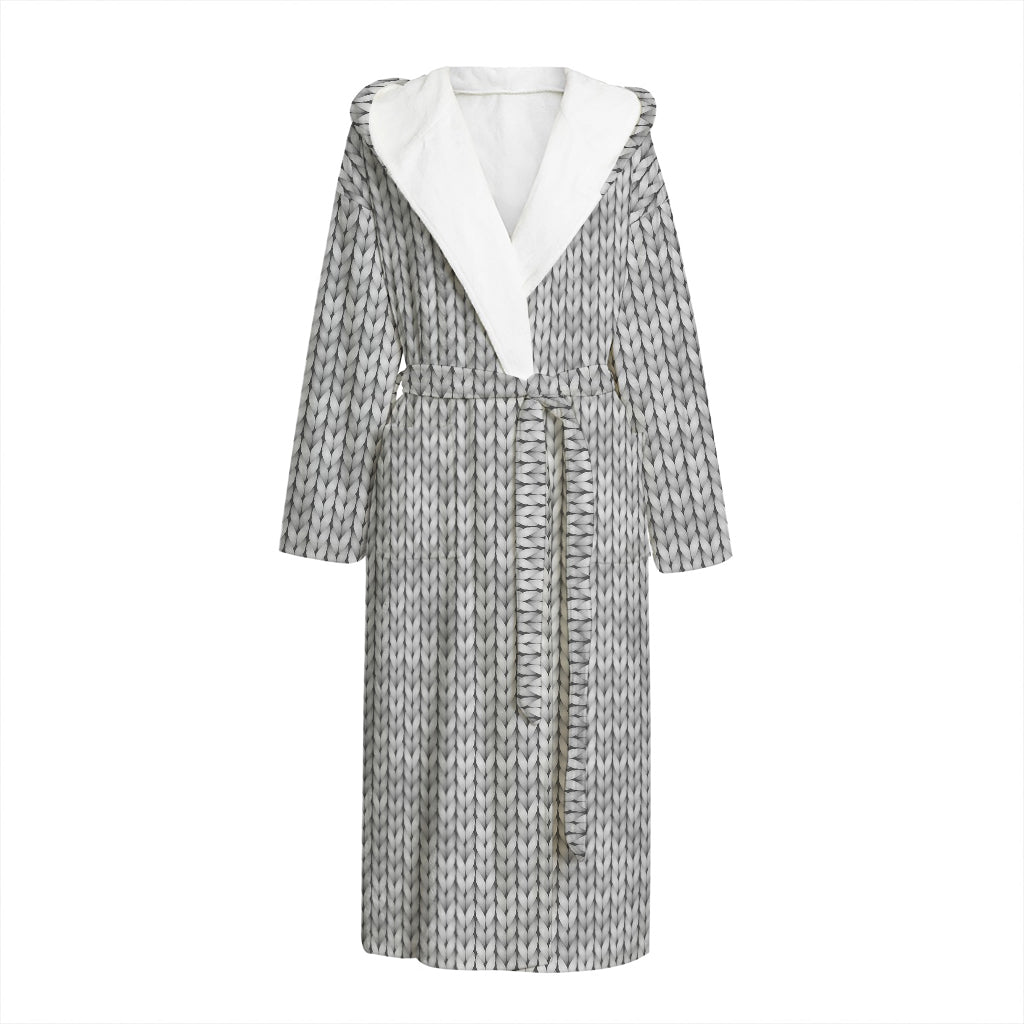 Grey Knitted Pattern Print Hooded Bathrobe