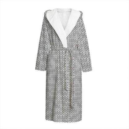 Grey Knitted Pattern Print Hooded Bathrobe