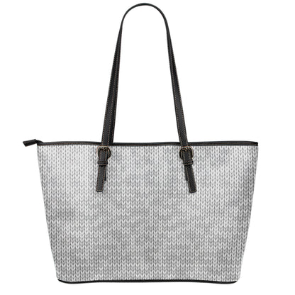 Grey Knitted Pattern Print Leather Tote Bag
