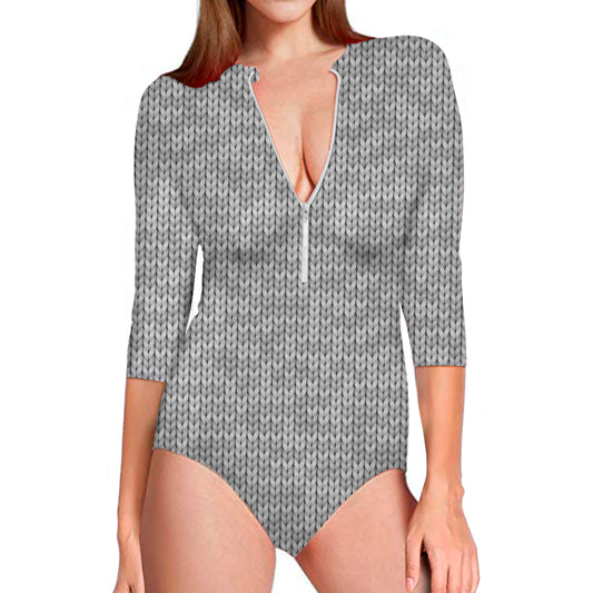 Grey Knitted Pattern Print Long Sleeve Swimsuit