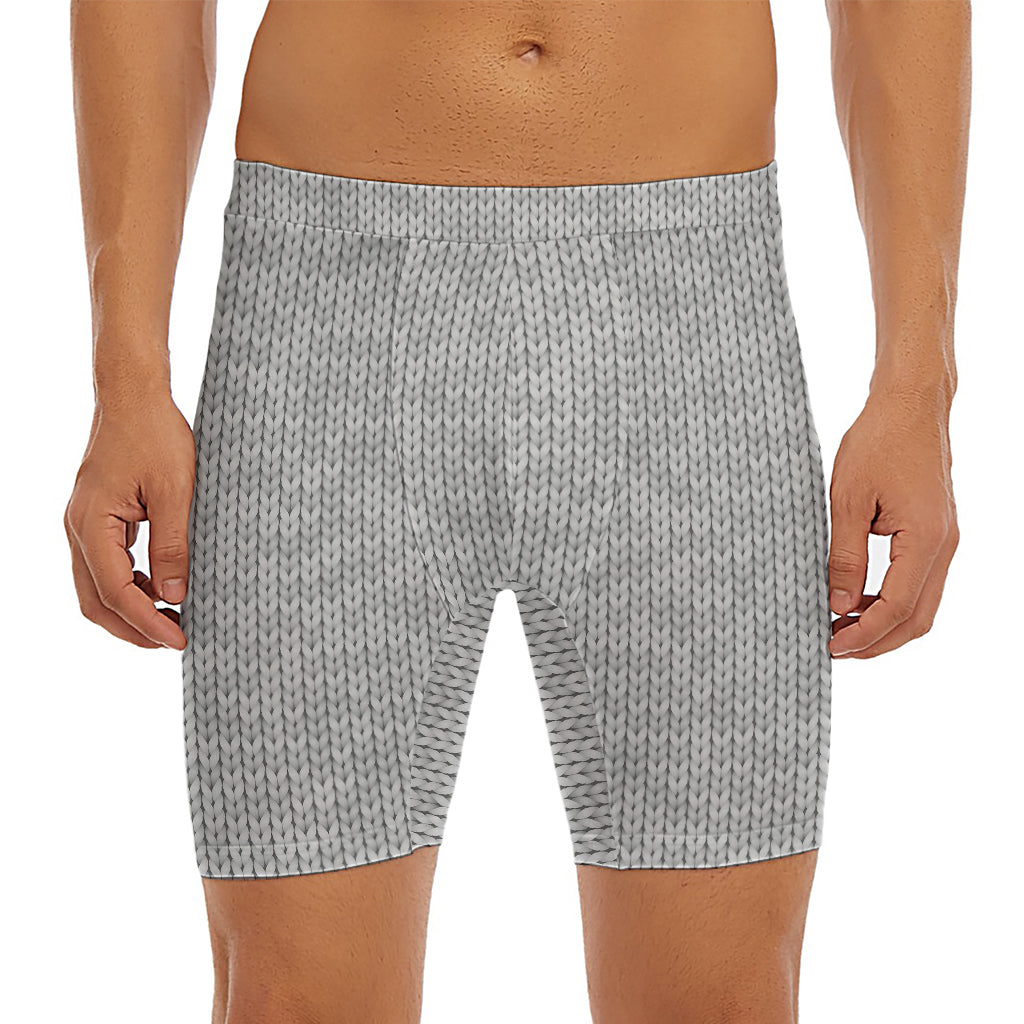 Grey Knitted Pattern Print Men's Long Boxer Briefs