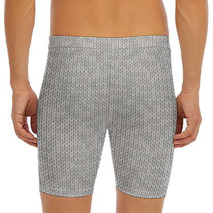 Grey Knitted Pattern Print Men's Long Boxer Briefs
