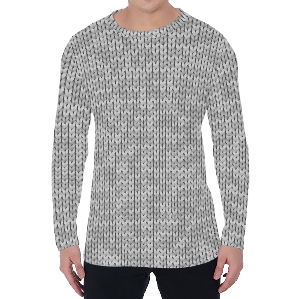 Grey Knitted Pattern Print Men's Long Sleeve T-Shirt