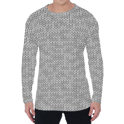 Grey Knitted Pattern Print Men's Long Sleeve T-Shirt