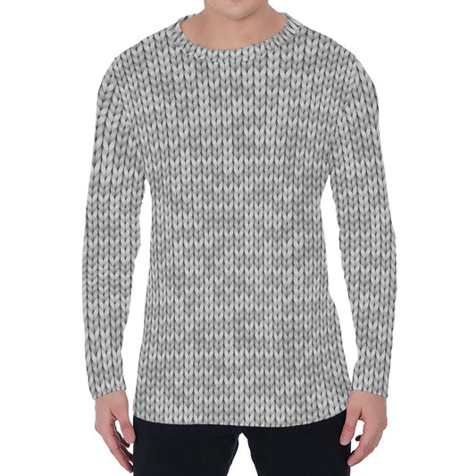 Grey Knitted Pattern Print Men's Long Sleeve T-Shirt