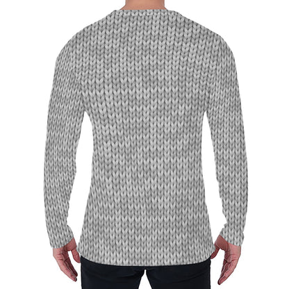Grey Knitted Pattern Print Men's Long Sleeve T-Shirt