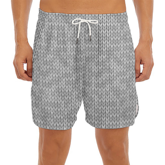 Grey Knitted Pattern Print Men's Split Running Shorts