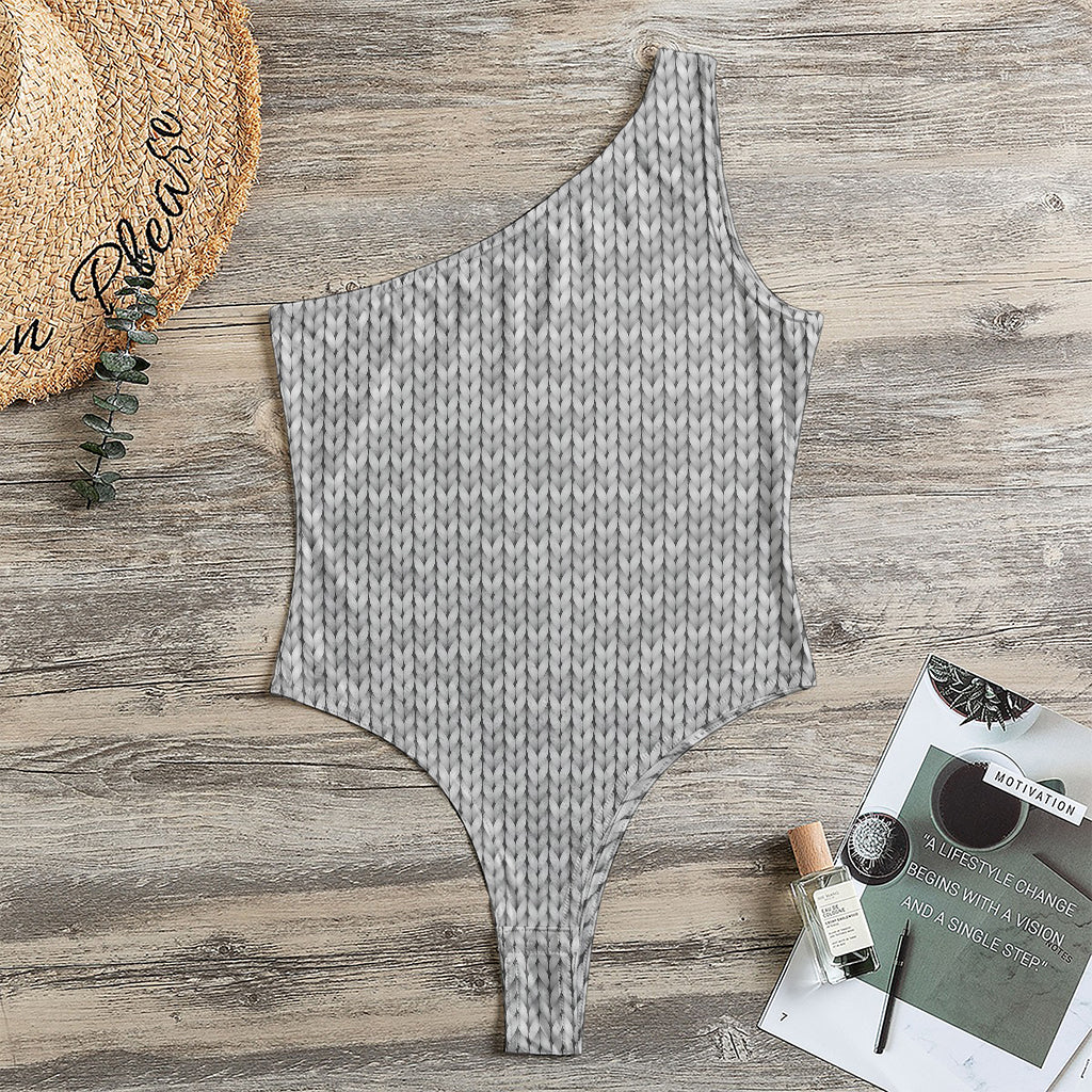 Grey Knitted Pattern Print One Shoulder Bodysuit