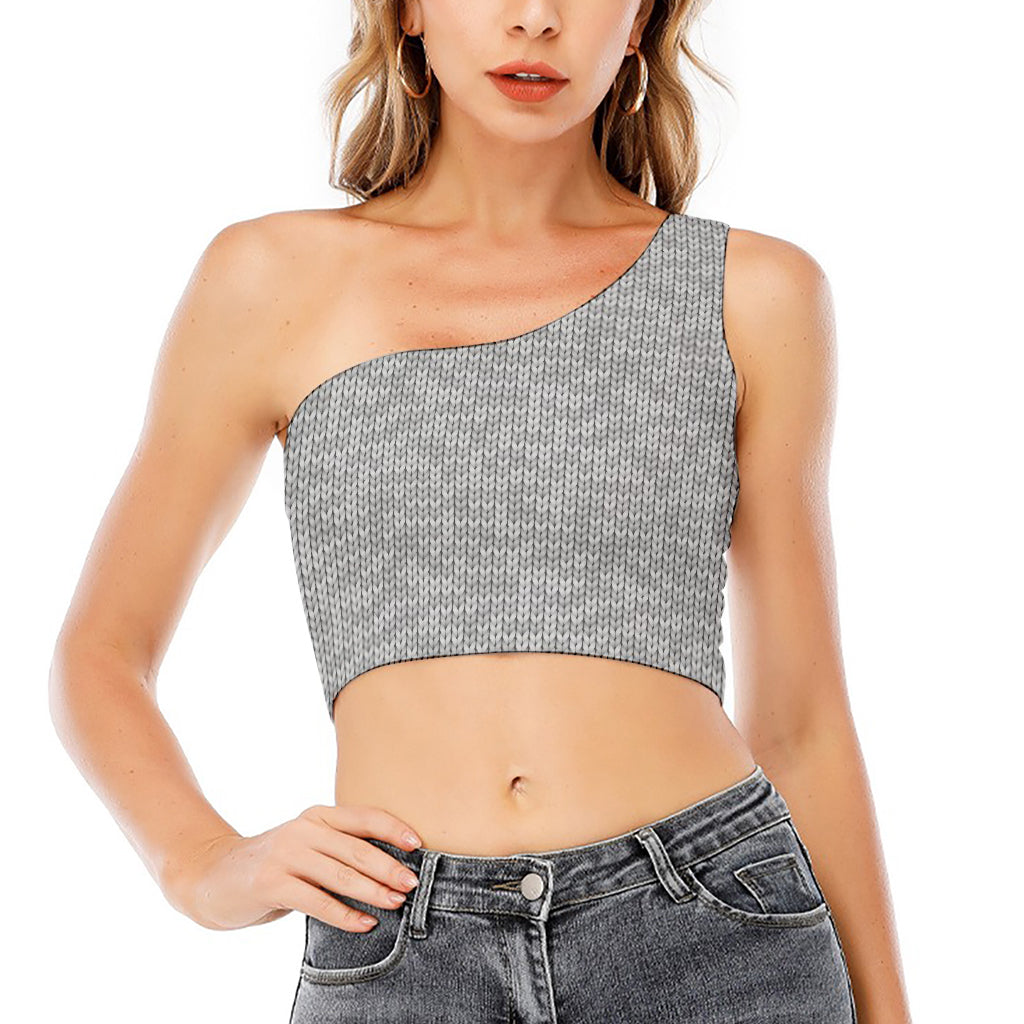 Grey Knitted Pattern Print One Shoulder Crop Top