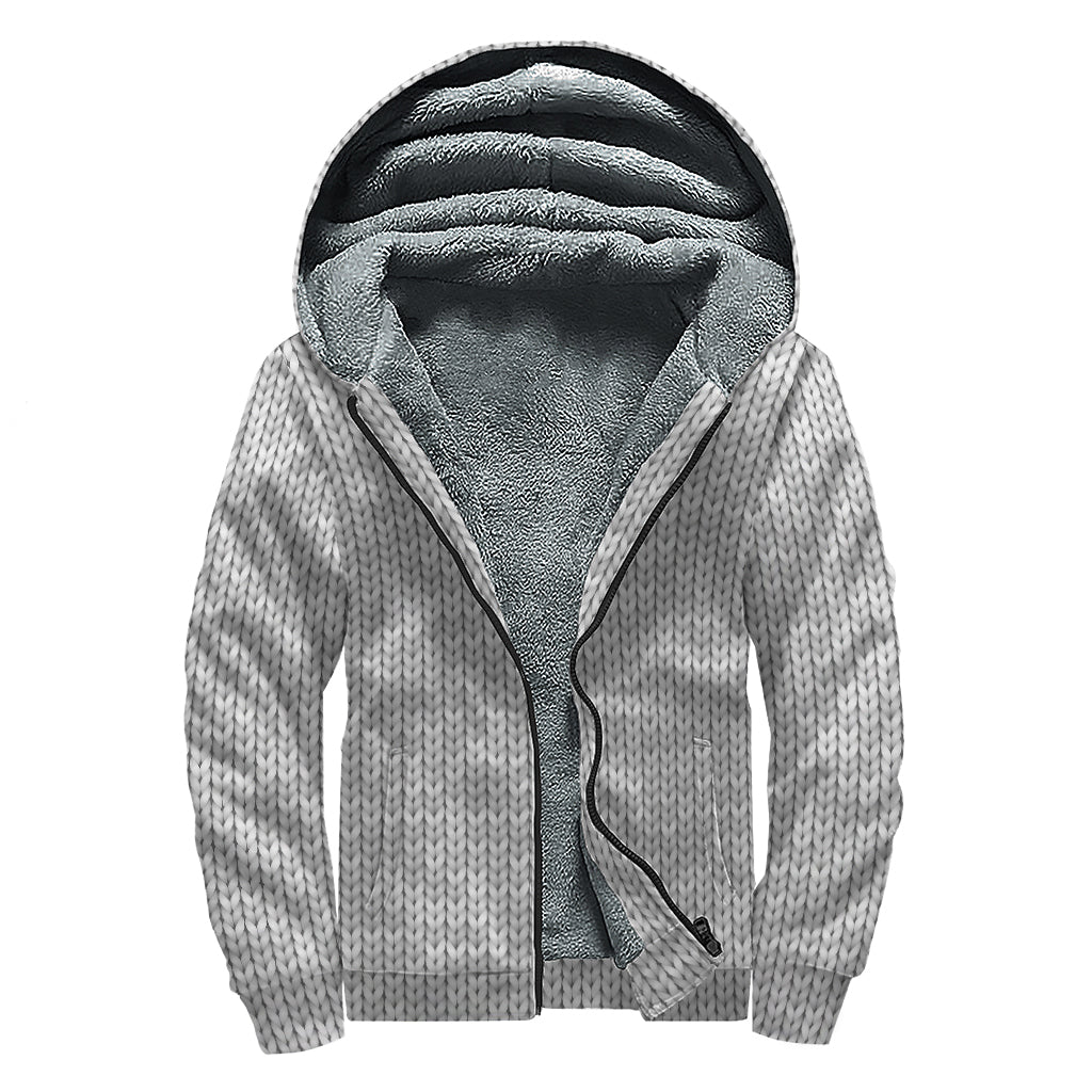 Grey Knitted Pattern Print Sherpa Lined Zip Up Hoodie