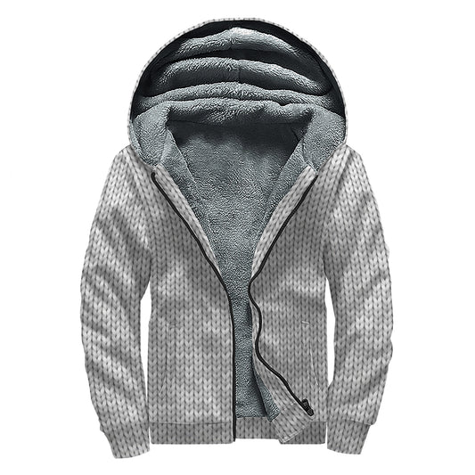 Grey Knitted Pattern Print Sherpa Lined Zip Up Hoodie