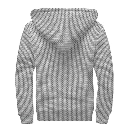Grey Knitted Pattern Print Sherpa Lined Zip Up Hoodie