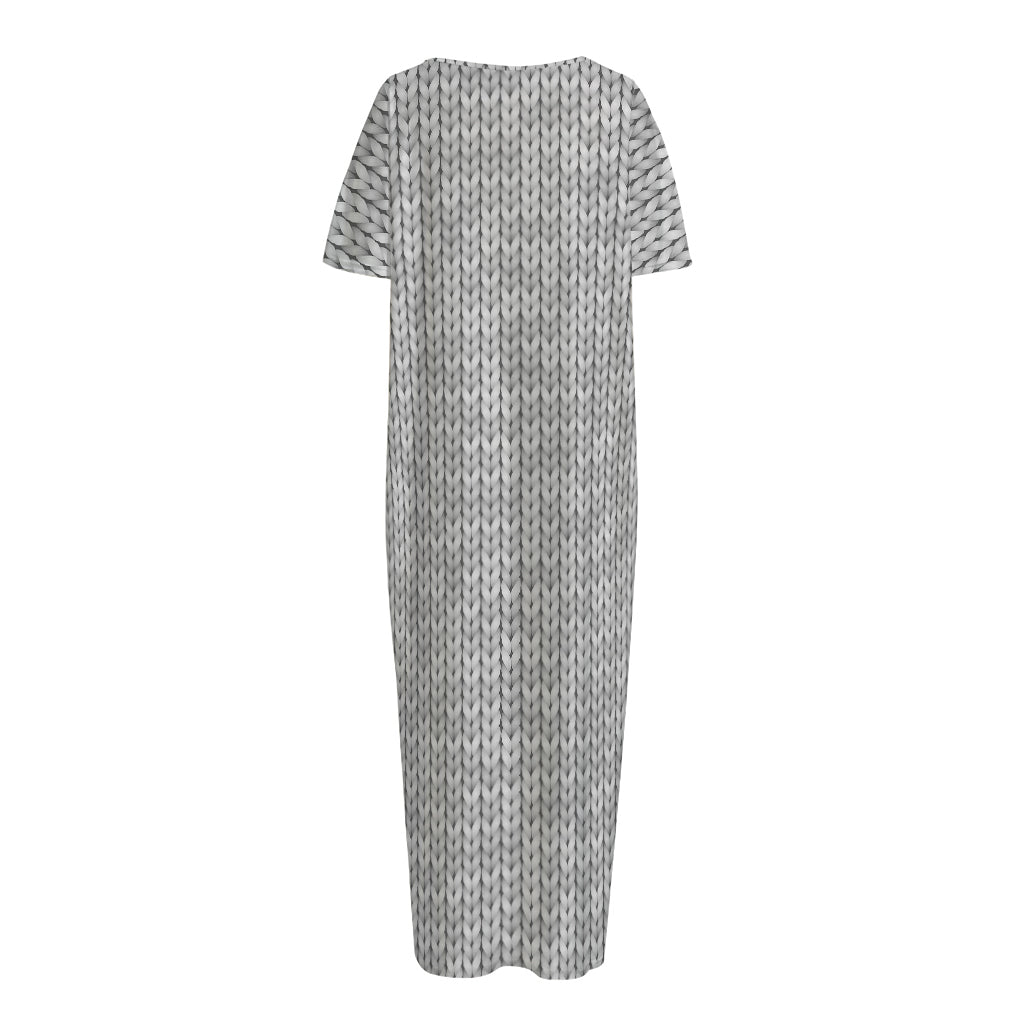 Grey Knitted Pattern Print Short Sleeve Long Nightdress