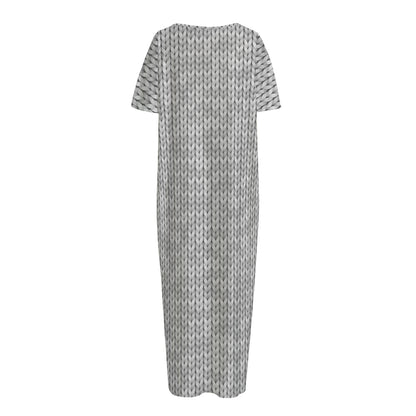 Grey Knitted Pattern Print Short Sleeve Long Nightdress