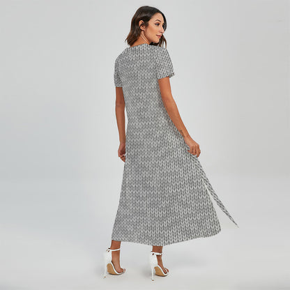 Grey Knitted Pattern Print Short Sleeve Maxi Dress