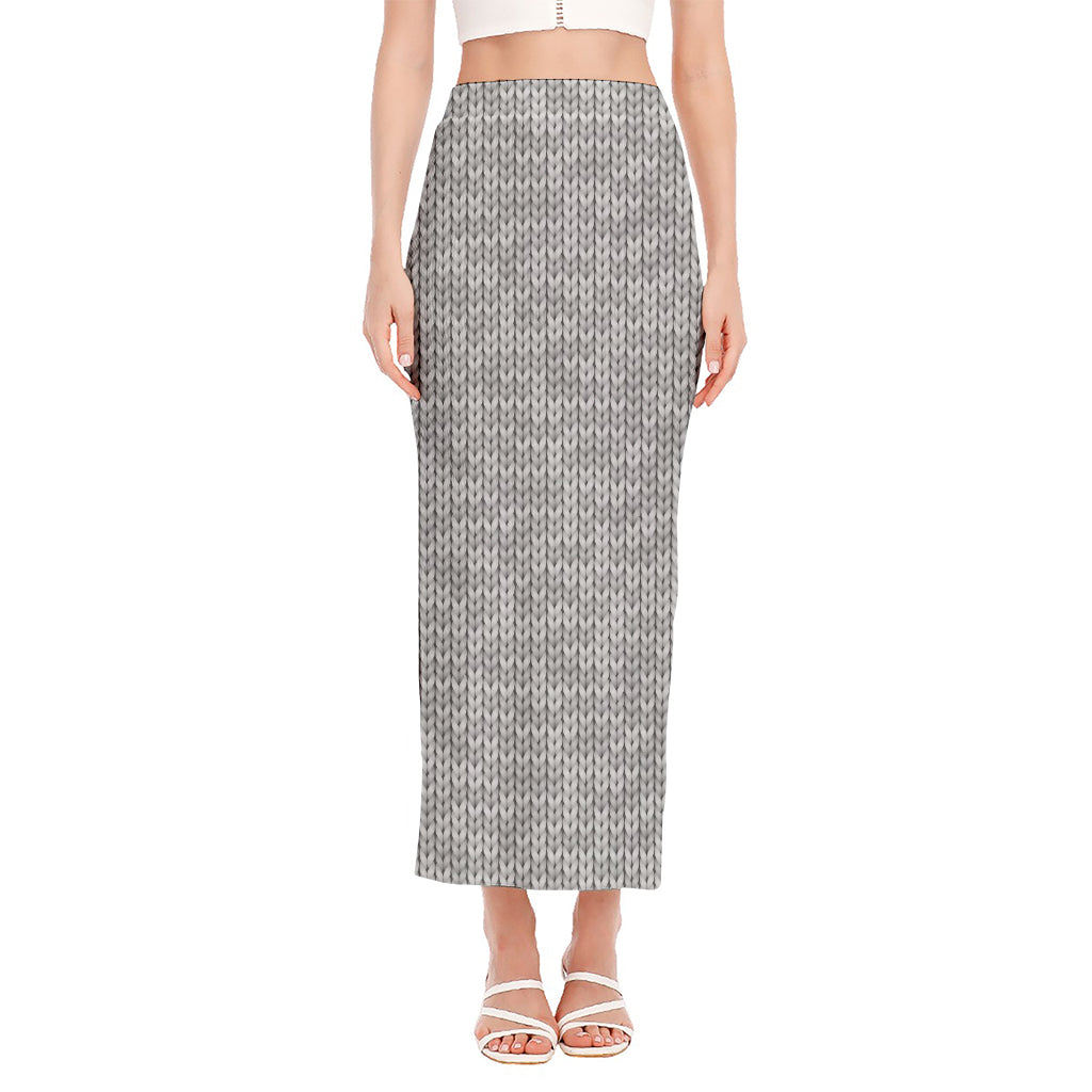 Grey Knitted Pattern Print Side Slit Maxi Skirt