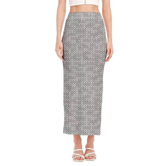 Grey Knitted Pattern Print Side Slit Maxi Skirt