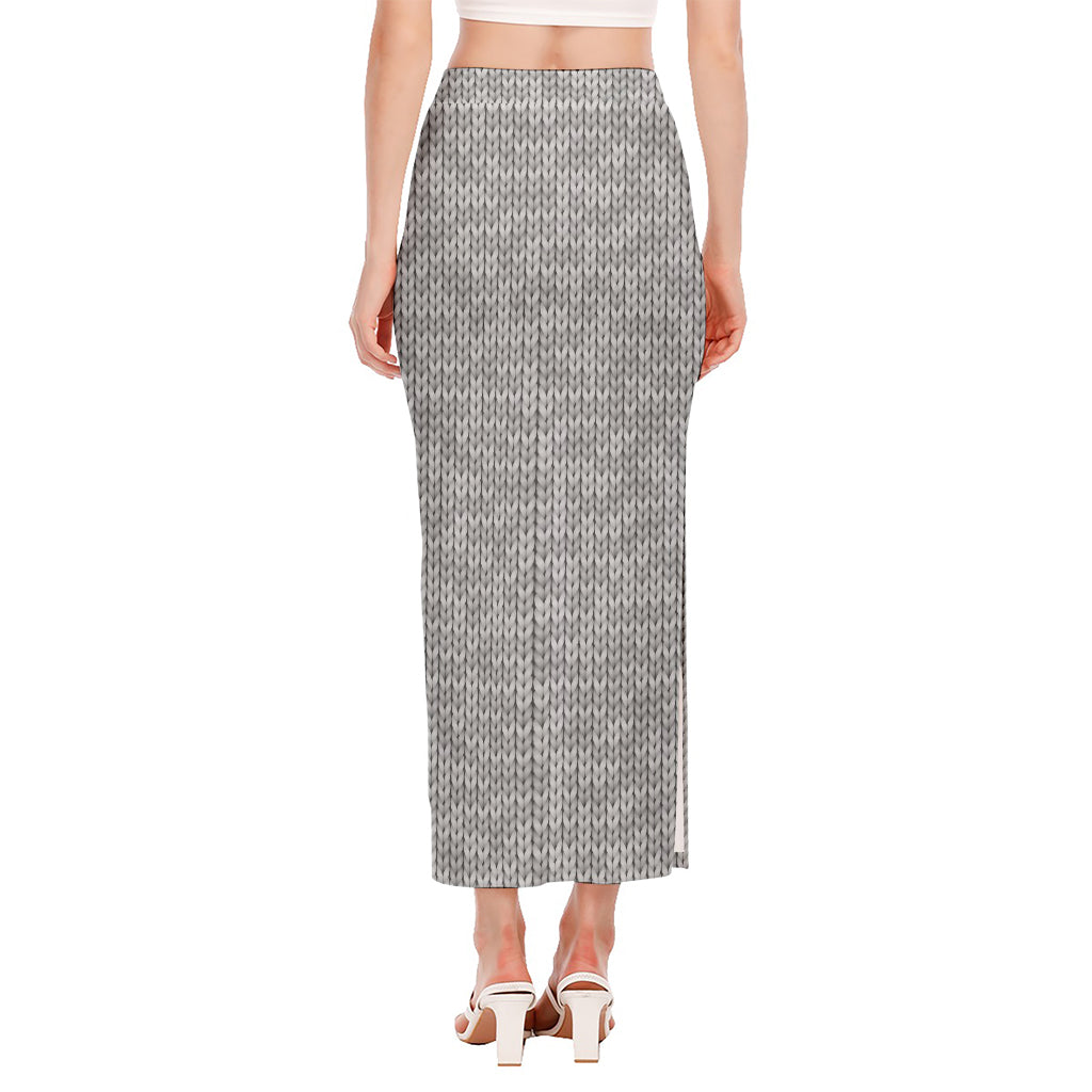 Grey Knitted Pattern Print Side Slit Maxi Skirt