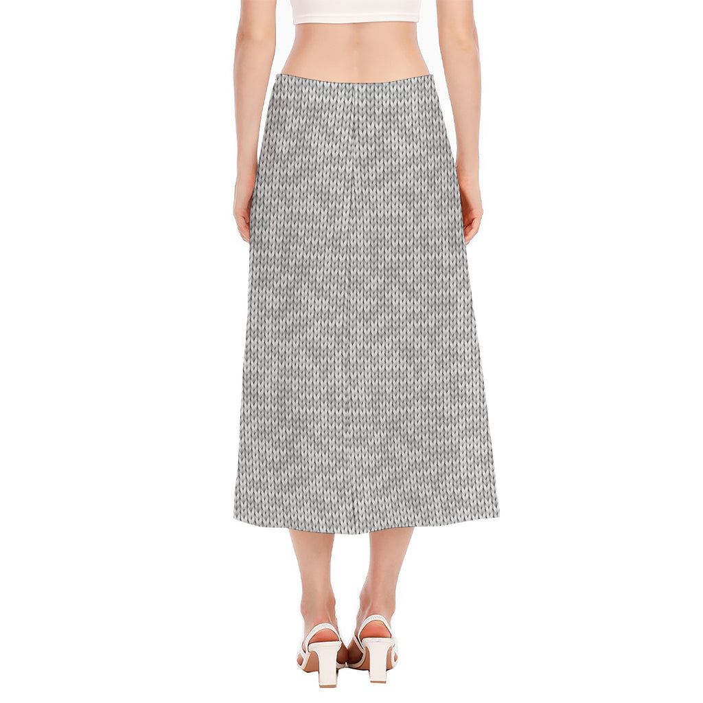 Grey Knitted Pattern Print Side Slit Midi Skirt