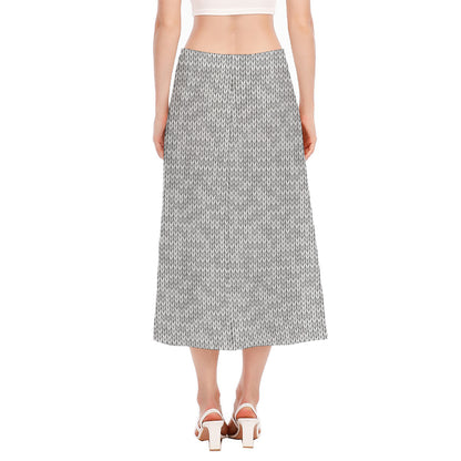 Grey Knitted Pattern Print Side Slit Midi Skirt