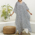 Grey Knitted Pattern Print Silk V-Neck Kaftan Dress